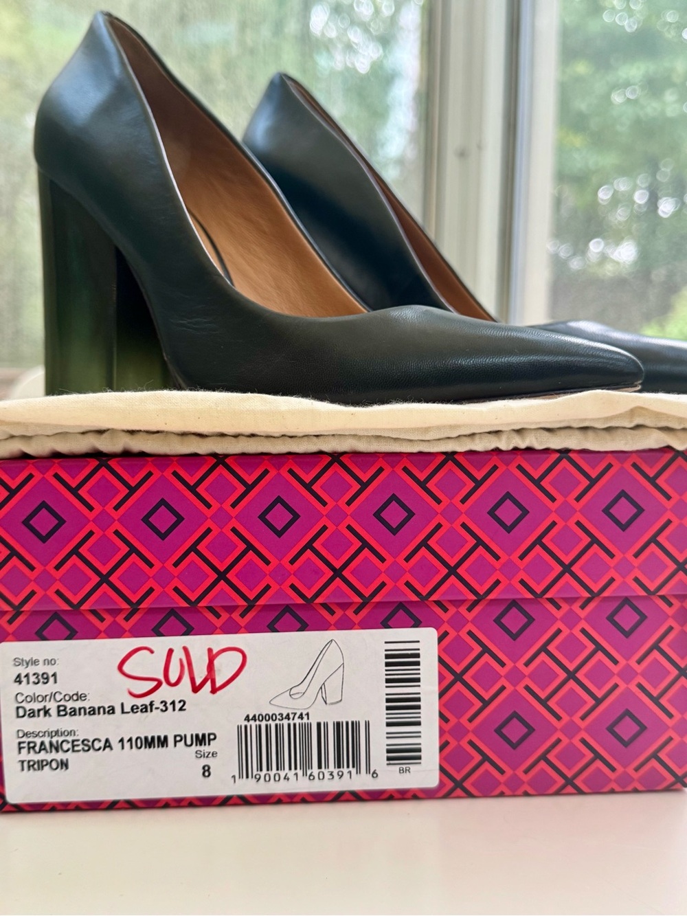Tory Burch Dark Banana Leaf Green Pointed Toe Block Heel Pumps